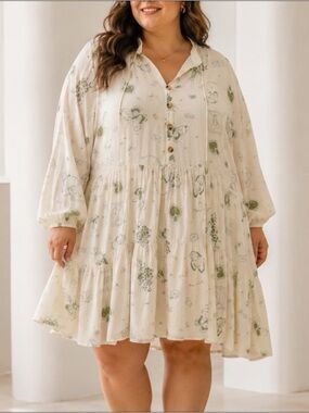 The Lullaby Club Dress Size 3XL Ivory Whimsical Novelty Print Linen Blend Flowy
